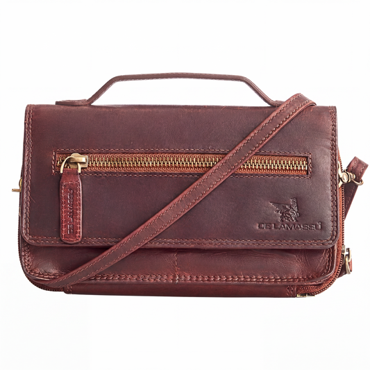 THE LAMASSU® (Marina) women's genuine leather crossbody bag – wallet with RFID protection, 14 card slots, phone compartment, shoulder strap, gift box – 21 × 12 cm