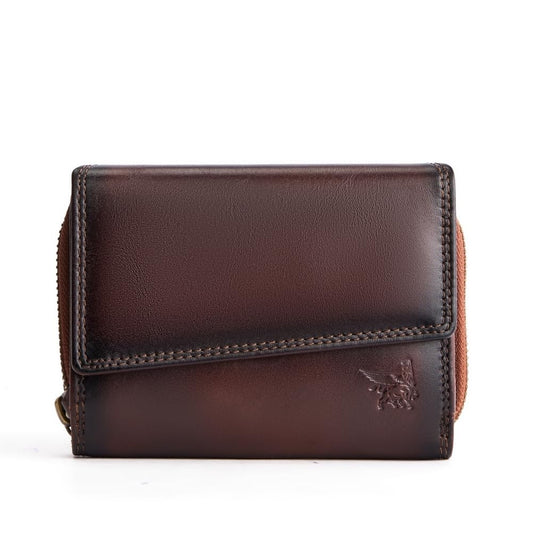 THE LAMASSU® (Elysia) women's genuine leather wallet - RFID protection, 12 card slots, coin compartment, vintage design, compact, gift box - 13 × 9.5 cm
