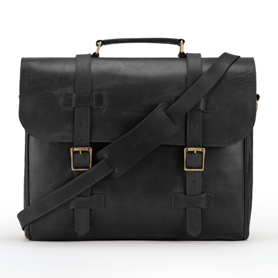 THE LAMASSU® (Bastien) dokumentmappe i ægte læder – klassisk laptoptaske 17 tommer, håndlavet med dobbelt spændelukning, skuldertaske & bæretaske til kvinder og mænd