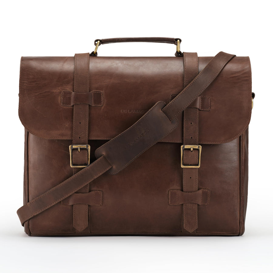 Porte-documents THE LAMASSU® (Bastien) en cuir véritable – sac classique pour ordinateur portable 17 pouces, fait main avec fermeture à double boucle, sac à bandoulière & sac de transport pour femmes et hommes