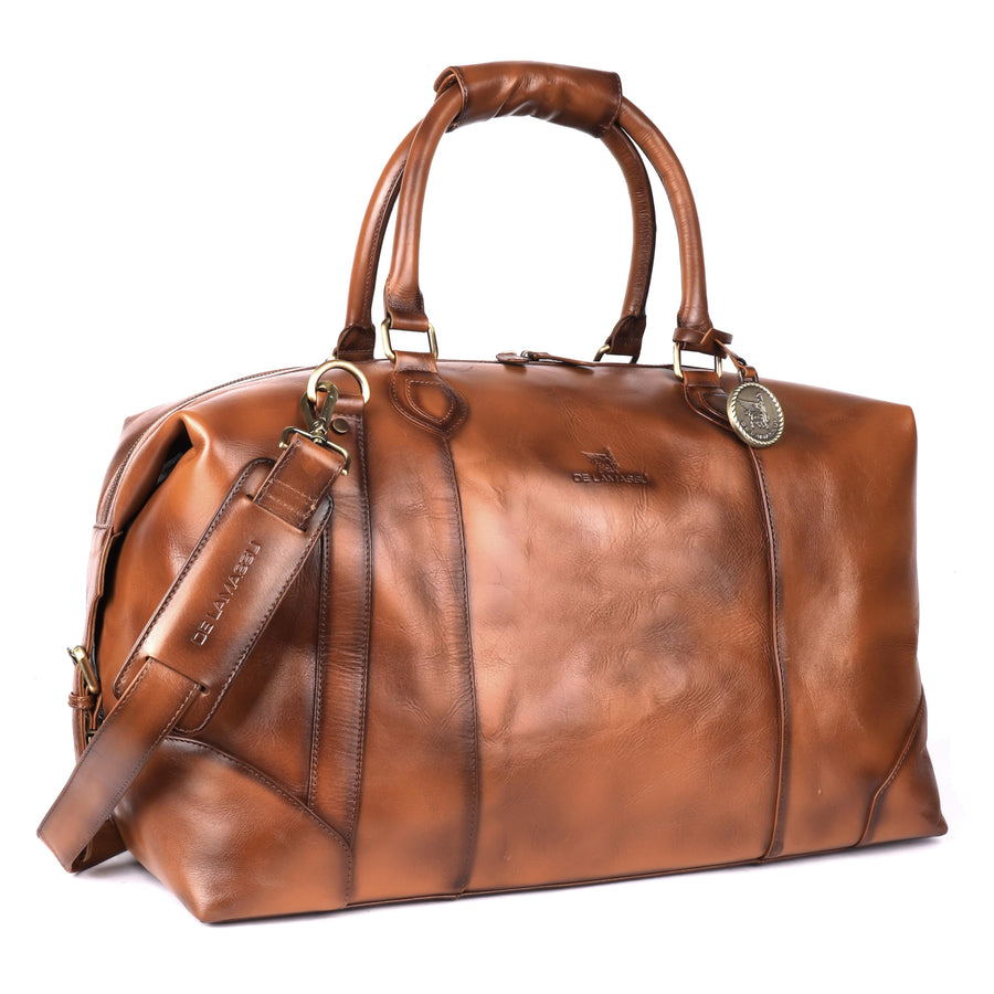 Sac de voyage THE LAMASSU® (Rafael) en cuir véritable – week-end unisexe 50 × 35 × 28 cm – bandoulière réglable, extensible avec boucles latérales, pieds de protection, emballage cadeau