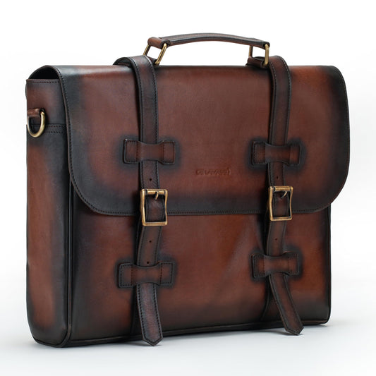 The LAMASSU® (Bastien) genuine leather briefcase – classic 17-inch laptop bag, handmade with double buckle closure, shoulder bag & tote bag for men and women