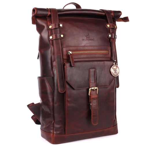 DE LAMASSU® (Tobias) rolltop rugzak van echt leer – uniseks laptoprugzak 17 inch – business & vrije tijd – waterflesvak, veiligheidsvak, geschenkverpakking