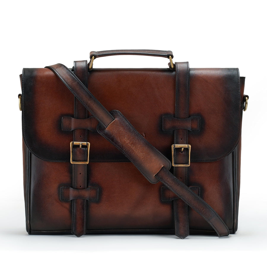 Porte-documents THE LAMASSU® (Bastien) en cuir véritable – sac classique pour ordinateur portable 17 pouces, fait main avec fermeture à double boucle, sac à bandoulière & sac de transport pour femmes et hommes