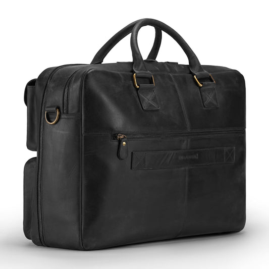 THE LAMASSU® (Kasper) XL Leather Business Bag 17 Inch – Genuine Cowhide Leather – Extra Spacious – 180° Opening – Premium Work & Travel Bag Unisex