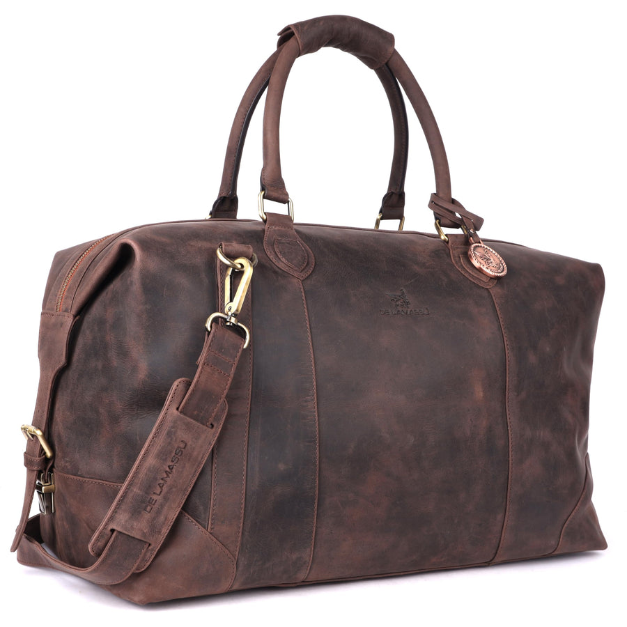 Sac de voyage THE LAMASSU® (Rafael) en cuir véritable – week-end unisexe 50 × 35 × 28 cm – bandoulière réglable, extensible avec boucles latérales, pieds de protection, emballage cadeau