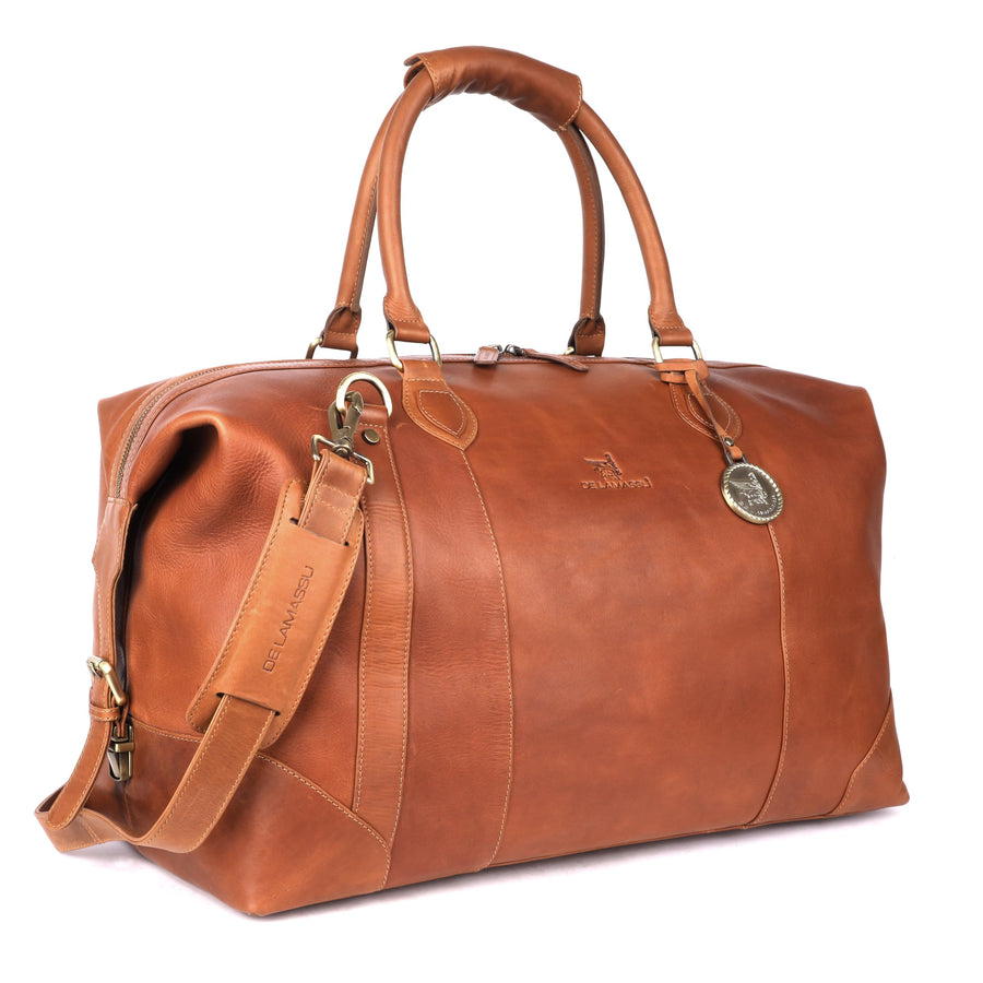 Sac de voyage THE LAMASSU® (Rafael) en cuir véritable – week-end unisexe 50 × 35 × 28 cm – bandoulière réglable, extensible avec boucles latérales, pieds de protection, emballage cadeau
