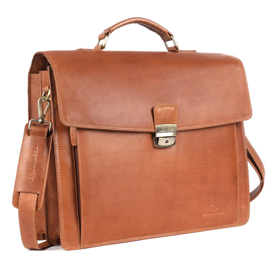 THE LAMASSU® (Axel) Leather Briefcase 17 Inch – Trolley Strap – Luxury Business Laptop Bag Unisex – Gift Packaging
