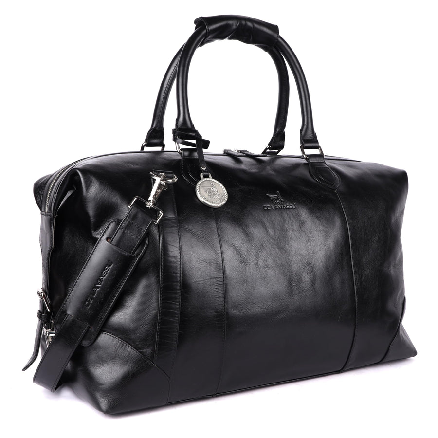 Sac de voyage THE LAMASSU® (Rafael) en cuir véritable – week-end unisexe 50 × 35 × 28 cm – bandoulière réglable, extensible avec boucles latérales, pieds de protection, emballage cadeau