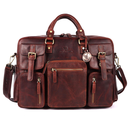 THE LAMASSU® (Dorian) Premium Leather Briefcase – Unisex Business Bag with 16-inch Laptop Compartment, 5 Pockets & Side Pockets
