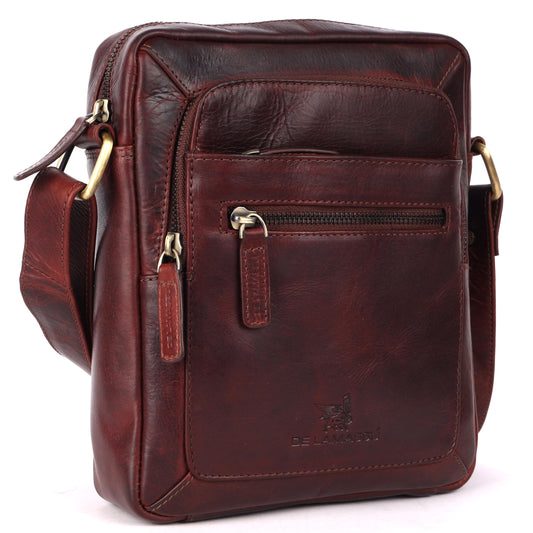 DE LAMASSU® (Nico) Echt leren schoudertas, 20 × 6,5 × 24 cm, unisex crossbodytas voor iPad Mini, vintage design