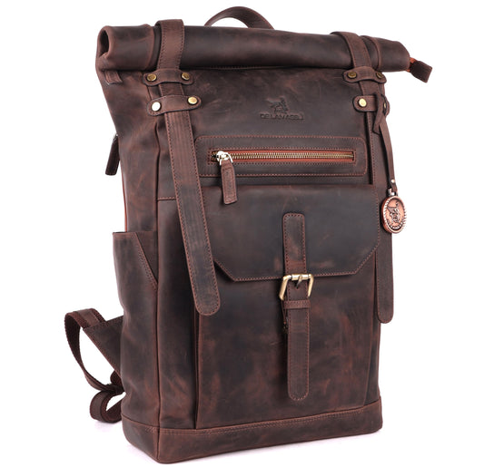 THE LAMASSU® (Tobias) genuine leather rolltop backpack – unisex 17 inch laptop backpack – business & leisure – water bottle pocket, security pocket, gift packaging