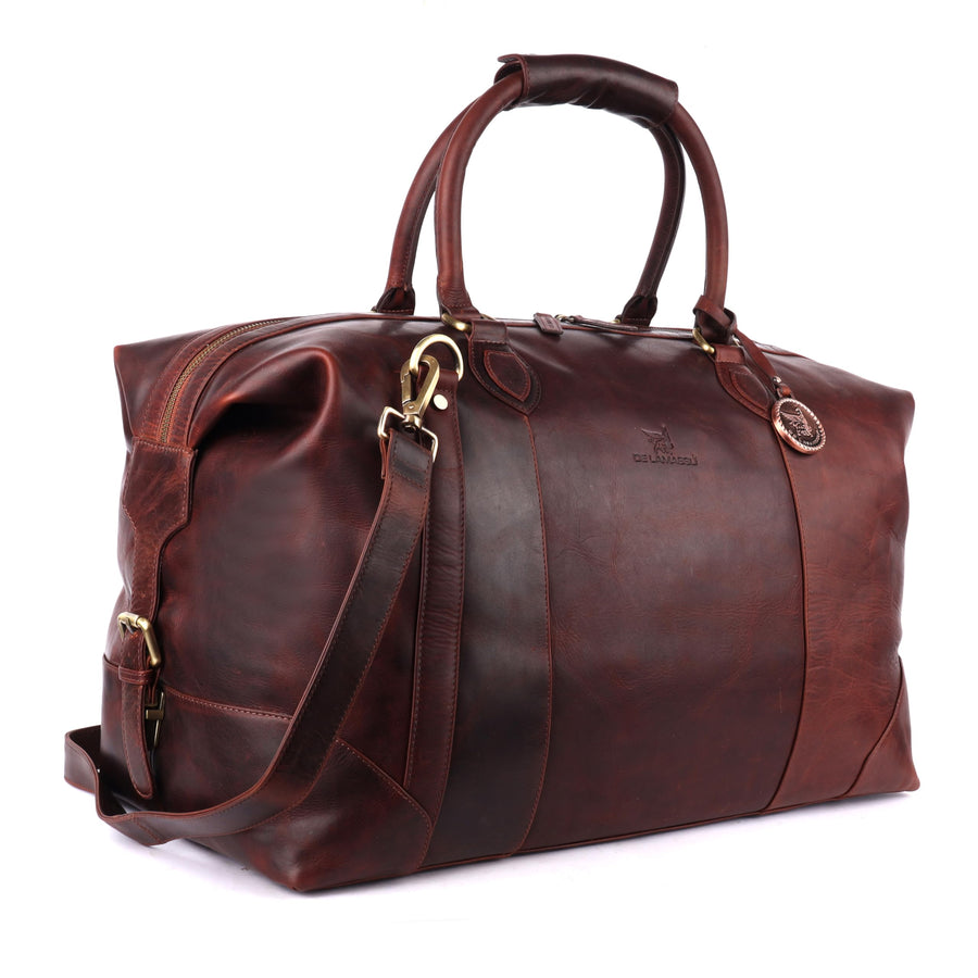 Sac de voyage THE LAMASSU® (Rafael) en cuir véritable – week-end unisexe 50 × 35 × 28 cm – bandoulière réglable, extensible avec boucles latérales, pieds de protection, emballage cadeau