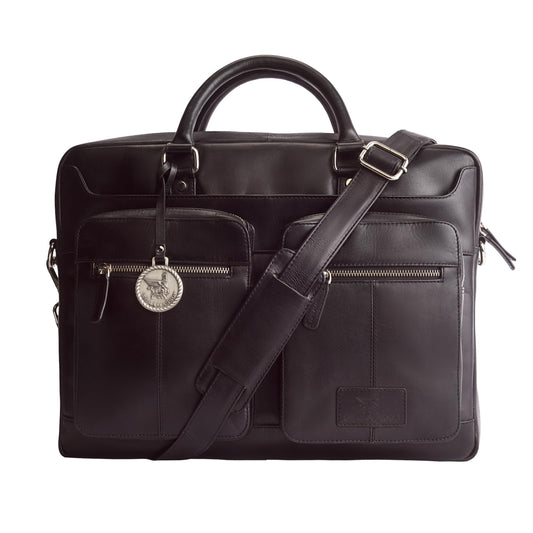 THE LAMASSU® (Celina) Genuine Leather Laptop Bag (16 inch), Business Unisex Shoulder Bag with Laptop Compartment, Zipper Pockets, Black