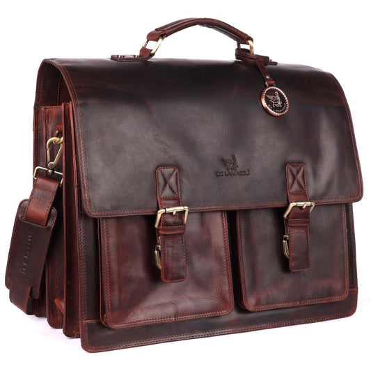 THE LAMASSU® (Gustavus) Leather Briefcase 17 Inch – Extra Spacious – With Trolley Strap & Organizer – Premium Business Bag Unisex