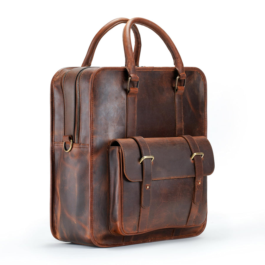 THE LAMASSU® (Lysander) 2-i-1-rygsæk & Skuldertaske i ægte læder – Business Laptop-taske 15,6 tommer, unisex, håndbagage, sikkerhedslukning & Dobbelte skulderstropper – lædertaske