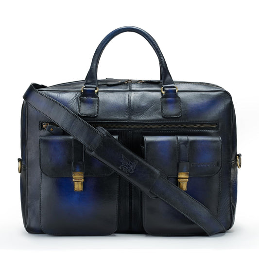 DE LAMASSU® ( Kian ) leren laptoptas 17 inch – unisex XL business tas met trolleyband, 2 voorvakken & schouderriem – grote leren aktetas voor kantoor, werk en reizen