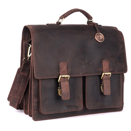 THE LAMASSU® (Gustavus) Leather Briefcase 17 Inch – Extra Spacious – With Trolley Strap & Organizer – Premium Business Bag Unisex