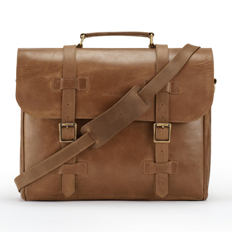Porte-documents THE LAMASSU® (Bastien) en cuir véritable – sac classique pour ordinateur portable 17 pouces, fait main avec fermeture à double boucle, sac à bandoulière & sac de transport pour femmes et hommes