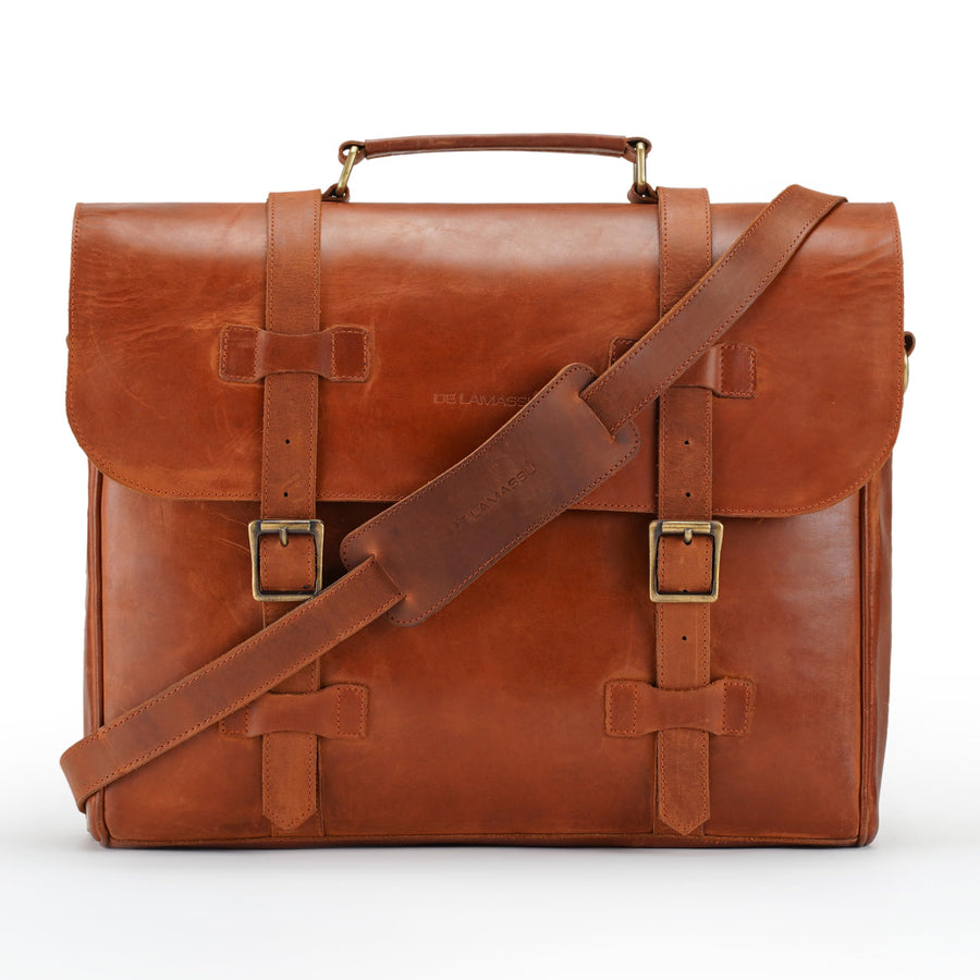 Porte-documents THE LAMASSU® (Bastien) en cuir véritable – sac classique pour ordinateur portable 17 pouces, fait main avec fermeture à double boucle, sac à bandoulière & sac de transport pour femmes et hommes