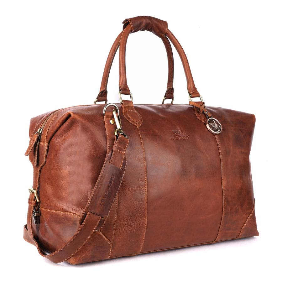 Sac de voyage THE LAMASSU® (Rafael) en cuir véritable – week-end unisexe 50 × 35 × 28 cm – bandoulière réglable, extensible avec boucles latérales, pieds de protection, emballage cadeau