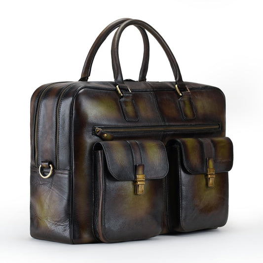 THE LAMASSU® (Kian) Leather Laptop Bag 17 inch – Unisex XL Business Bag with Trolley Strap, 2 Front Pockets & Shoulder Strap – Large Leather Briefcase for Office, Work and Travel