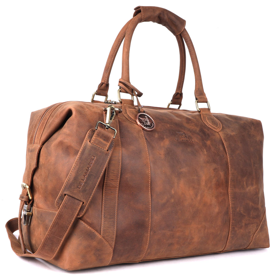 Sac de voyage THE LAMASSU® (Rafael) en cuir véritable – week-end unisexe 50 × 35 × 28 cm – bandoulière réglable, extensible avec boucles latérales, pieds de protection, emballage cadeau