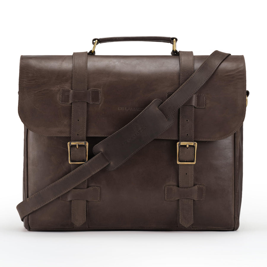 Porte-documents THE LAMASSU® (Bastien) en cuir véritable – sac classique pour ordinateur portable 17 pouces, fait main avec fermeture à double boucle, sac à bandoulière & sac de transport pour femmes et hommes