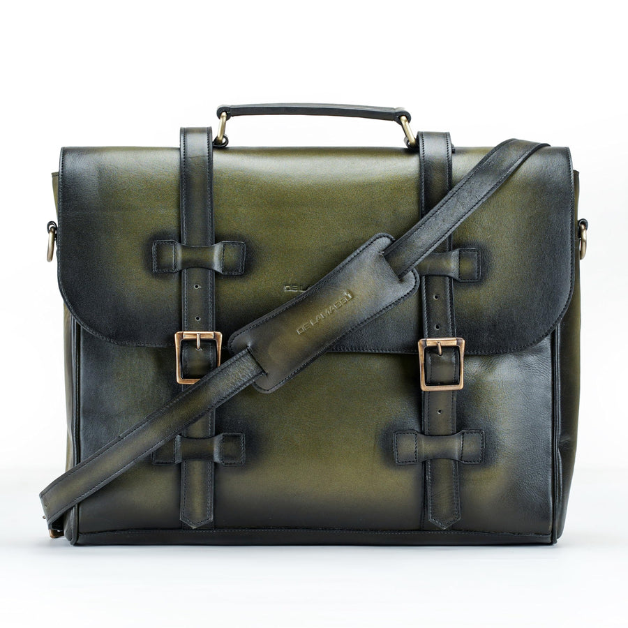 Porte-documents THE LAMASSU® (Bastien) en cuir véritable – sac classique pour ordinateur portable 17 pouces, fait main avec fermeture à double boucle, sac à bandoulière & sac de transport pour femmes et hommes
