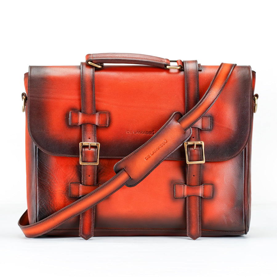 Porte-documents THE LAMASSU® (Bastien) en cuir véritable – sac classique pour ordinateur portable 17 pouces, fait main avec fermeture à double boucle, sac à bandoulière & sac de transport pour femmes et hommes