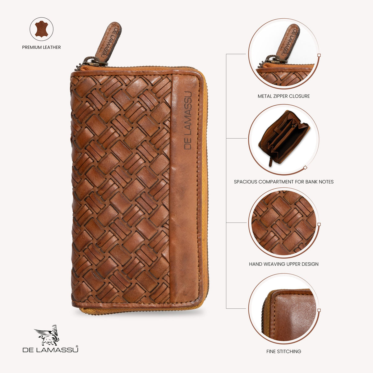 DE LAMASSU Treccia gevlochten leren portemonnee cognac 2