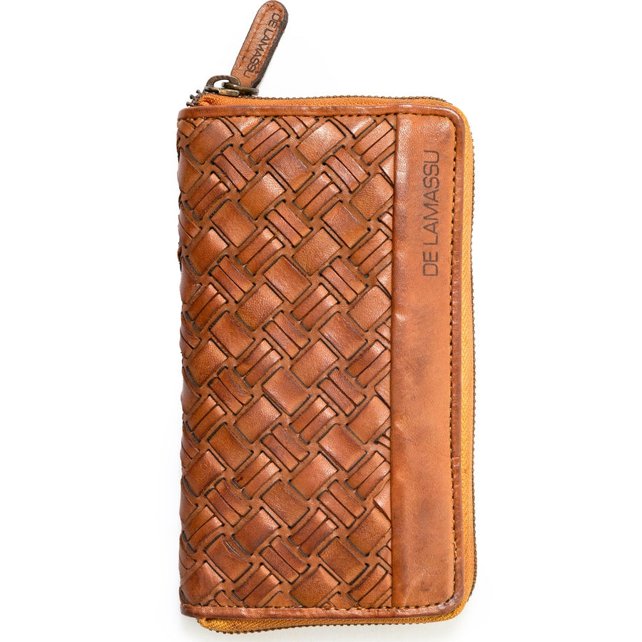 DE LAMASSU Treccia gevlochten leren portemonnee cognac