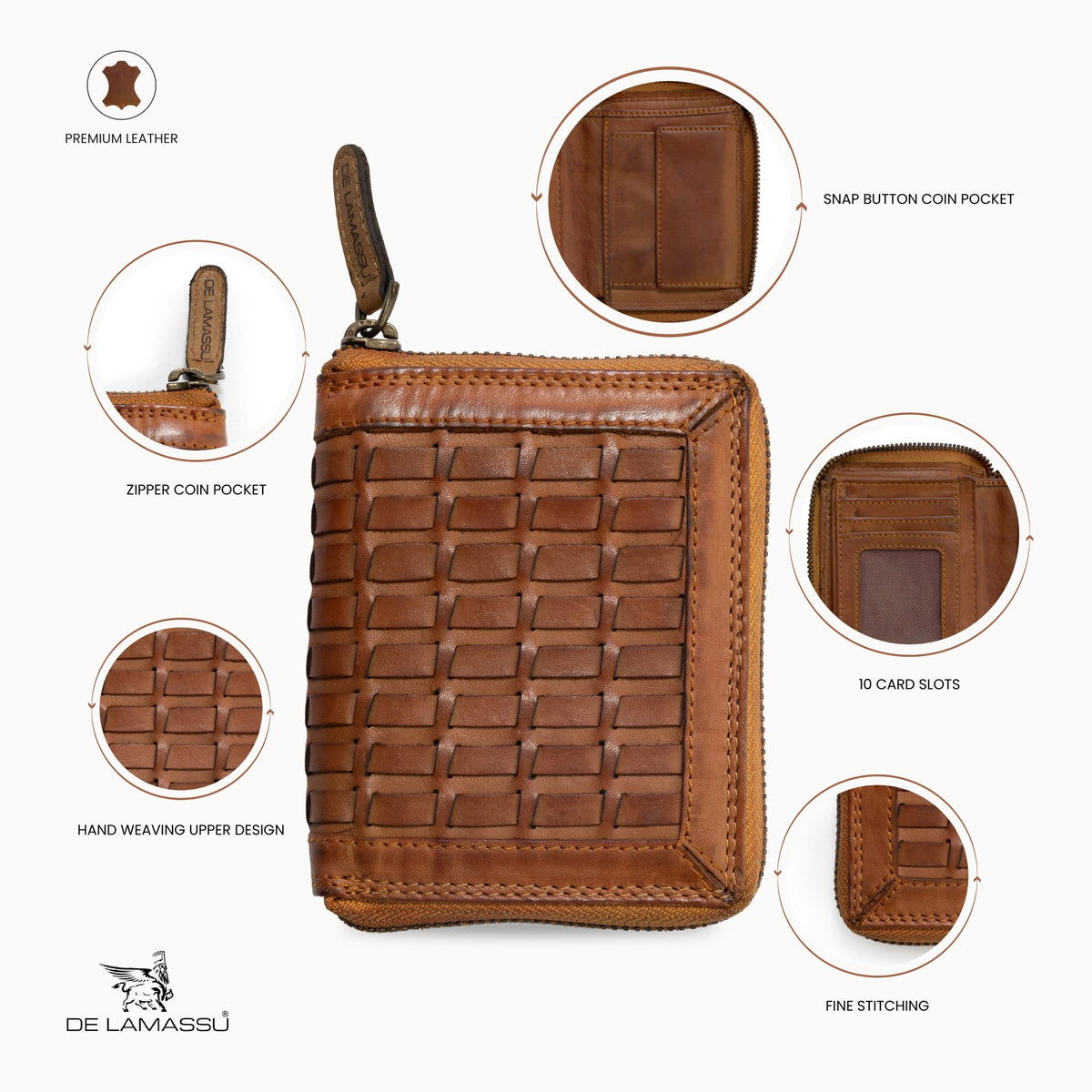 DE LAMASSU Quadro leren portemonnee met rits rondom cognac 2