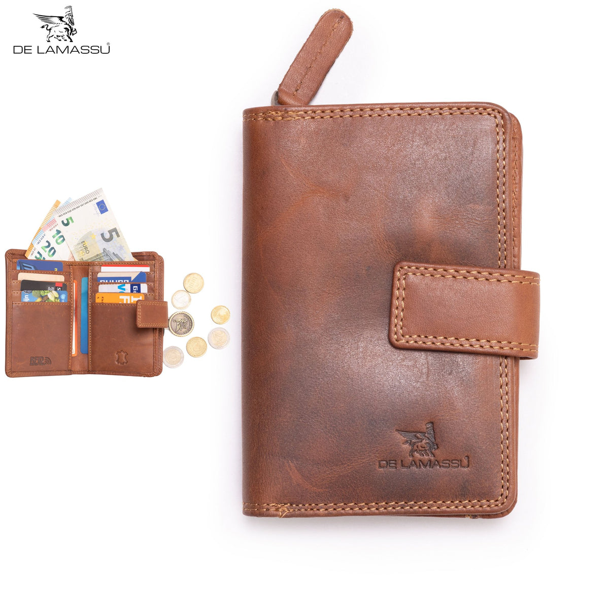 DE LAMASSU Libretto portemonnee cognac